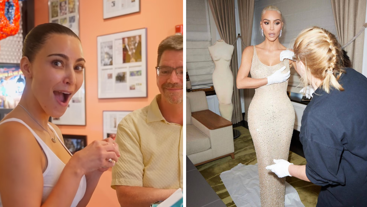 A man with glasses smiles and Kim Kardashian receives a gift from Ripley's Believe It Or Not! Right: A woman is styling Kim Kardashian in Marilyn Monroe's dress.