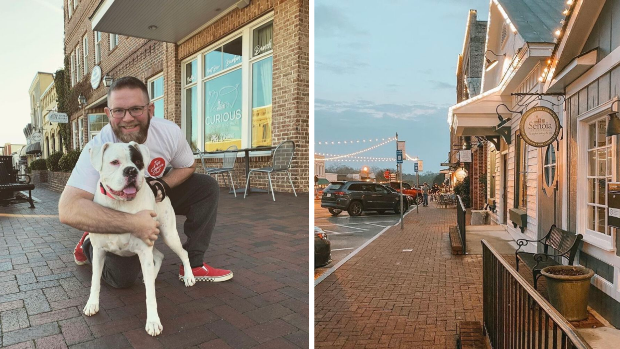 A man with his dog in Senoia, GA. Right: A street in downtown Senoia, GA.