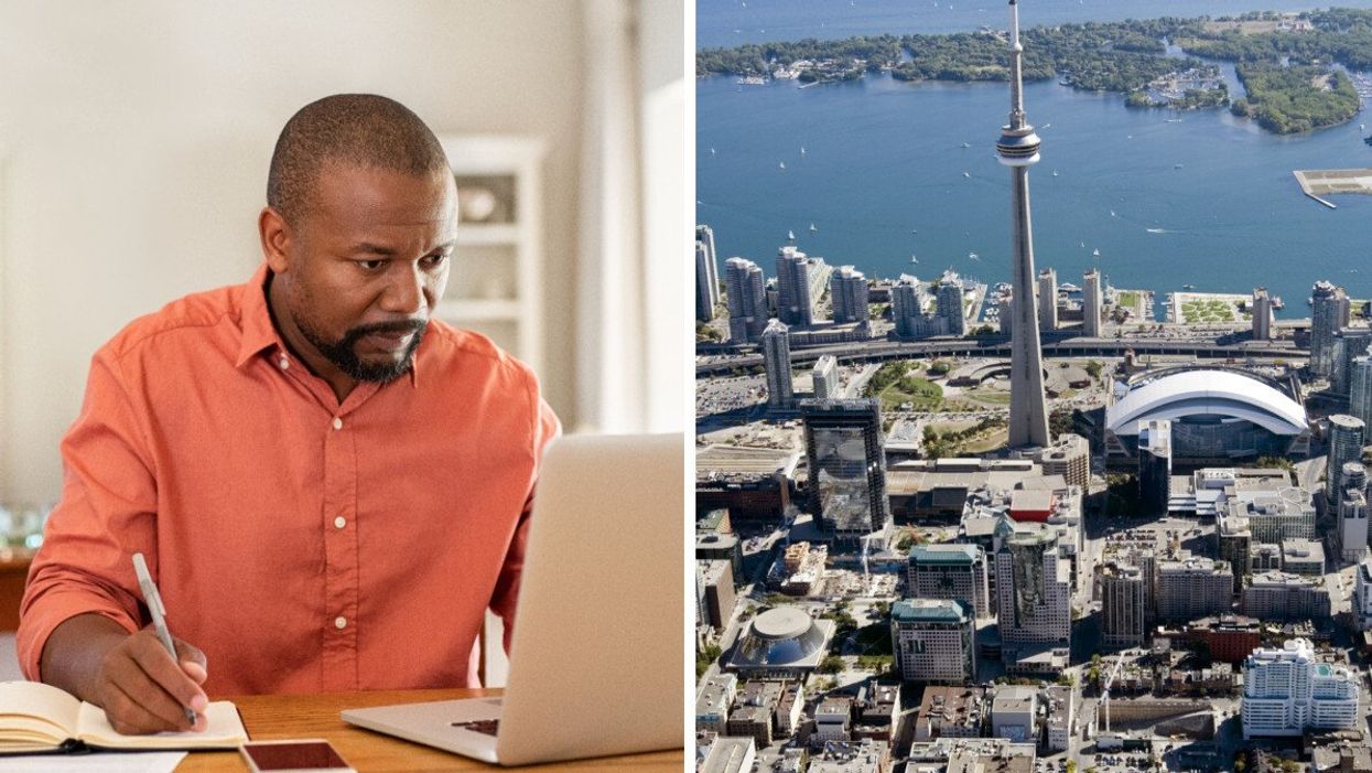 A man working from home. Right: The city of Toronto from an aerial view.