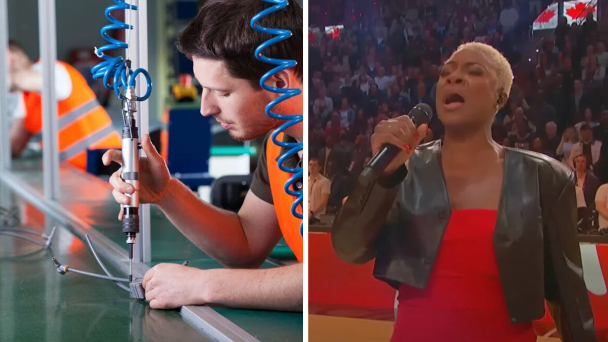 A man working in a production line. Right: Jully Black singing 'O Canada' at the 2023 NBA All Star game.