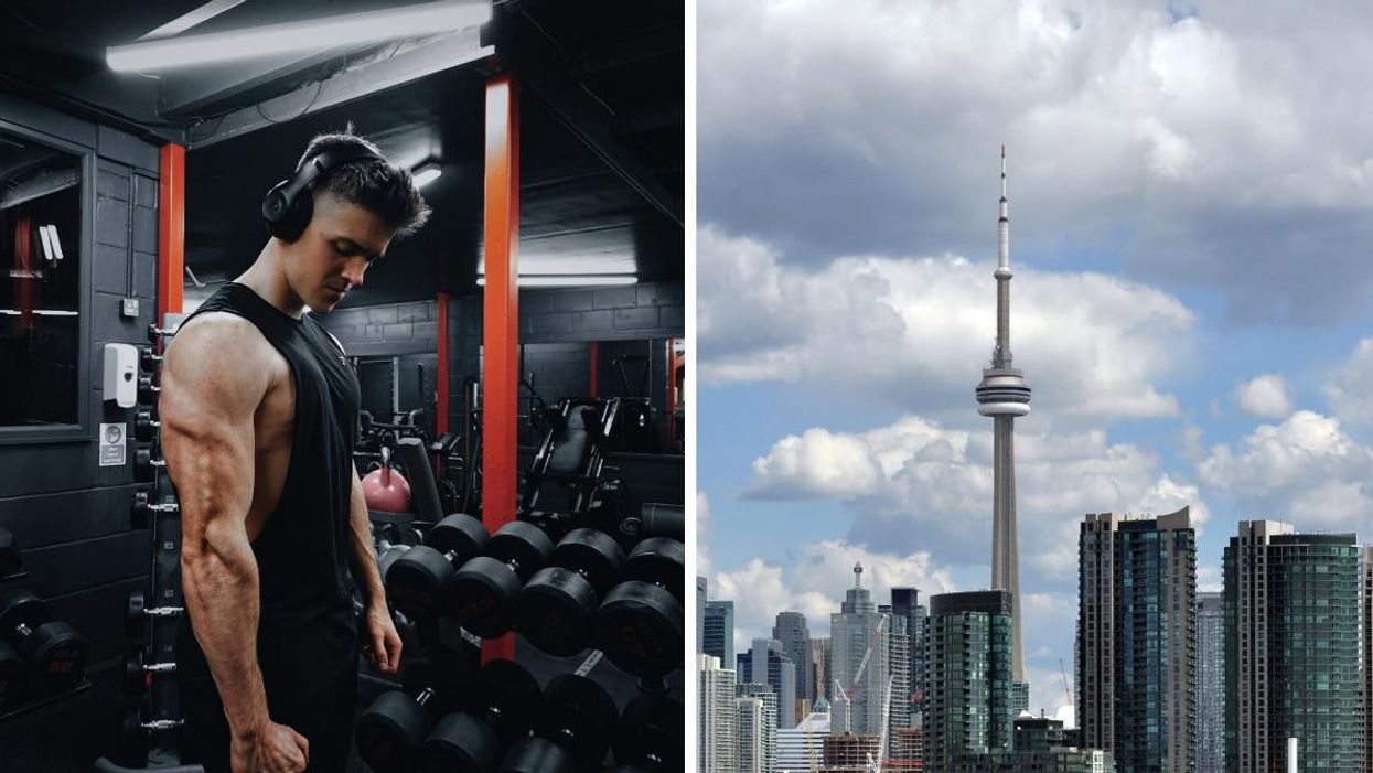 A man working out. Right: The CN Tower