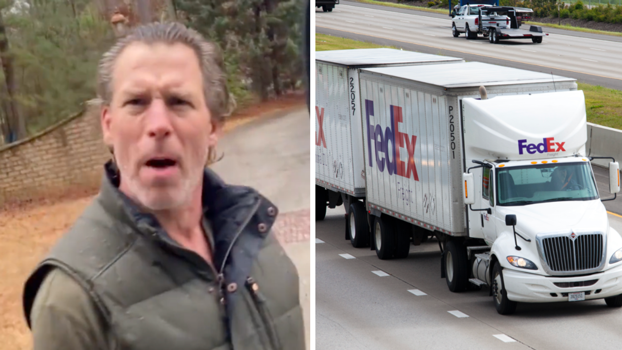 A man yelling at the FedEx employee. Right: A FedEx truck.