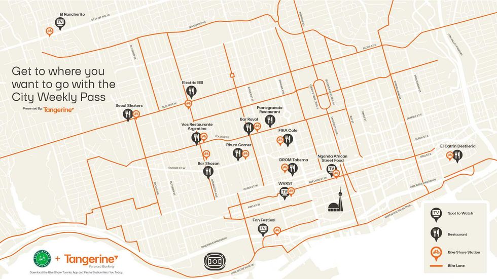 A map of Bike Share Toronto stations with popular restaurants higlighted.