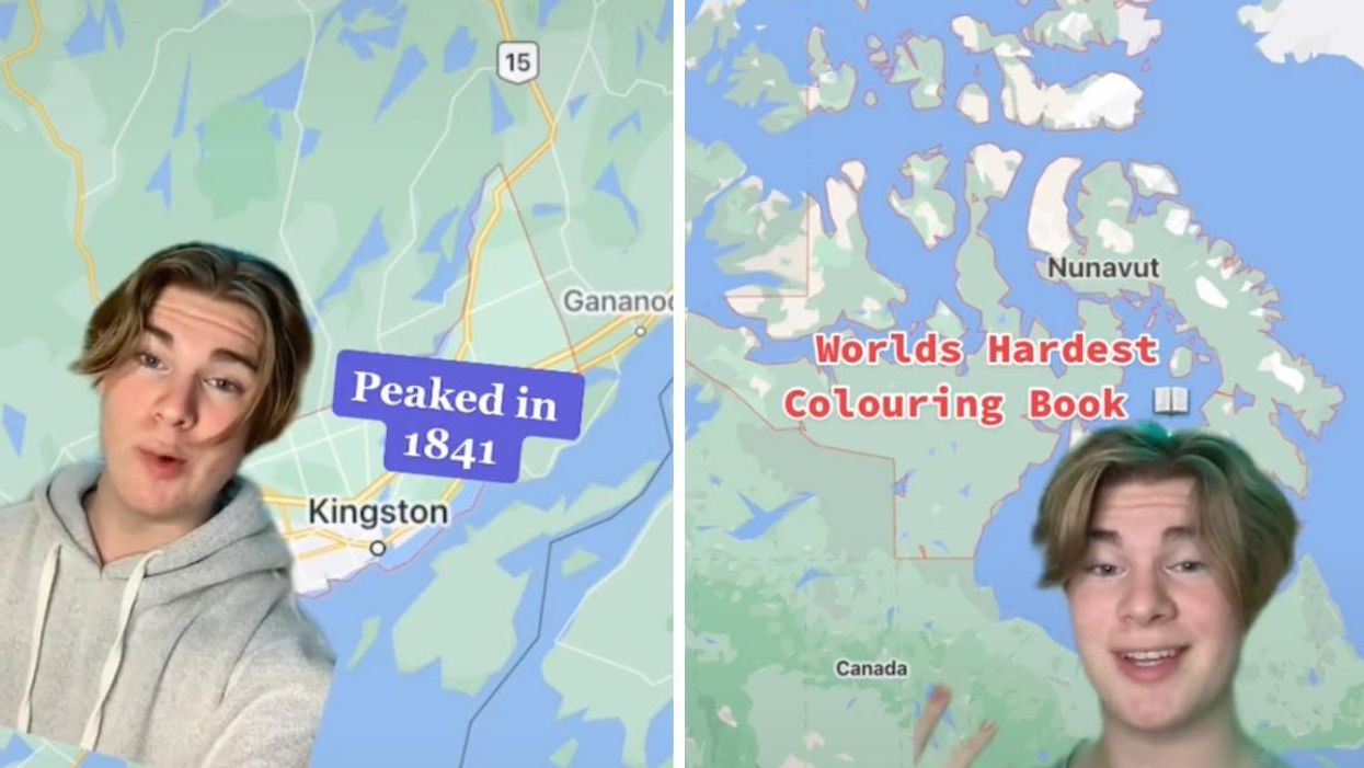A map of Kingston that says "peaked in 1841." A map of Nunavut that says "world's hardest colouring book."