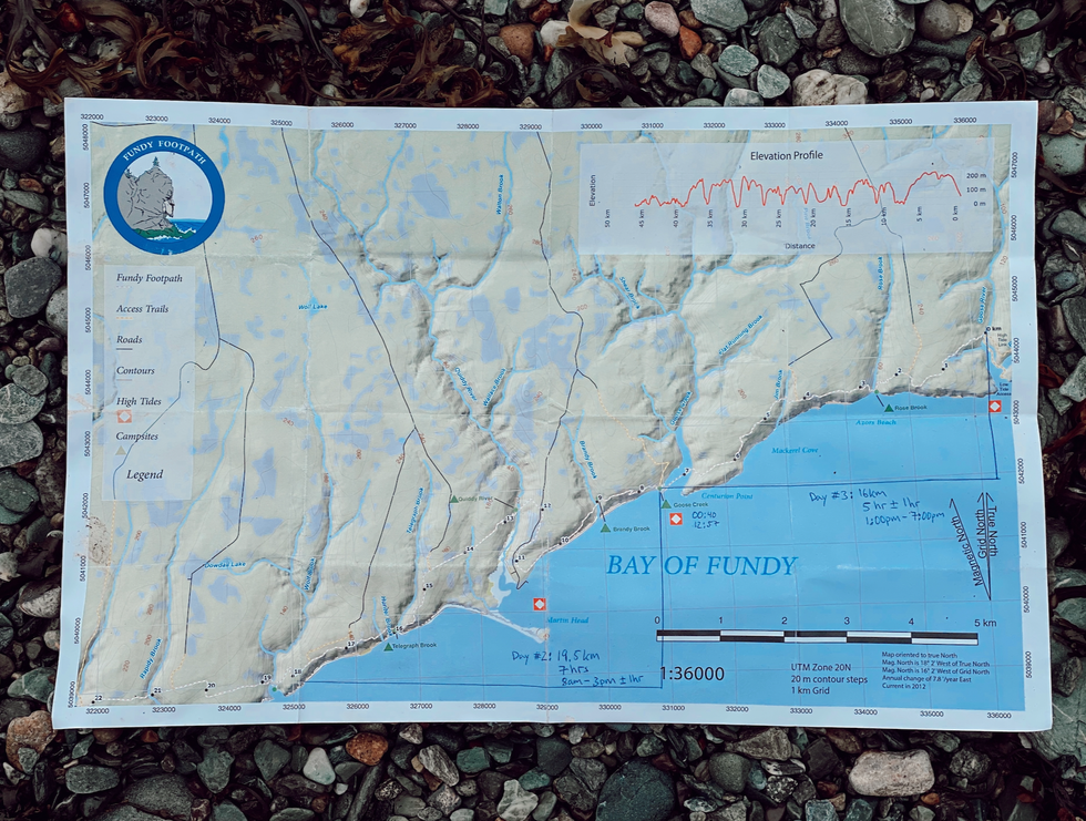 A Map of the Fundy Footpath trail.
