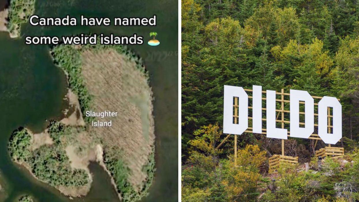 A map showing Slaughter Island. Right: A sign that says Dildo.