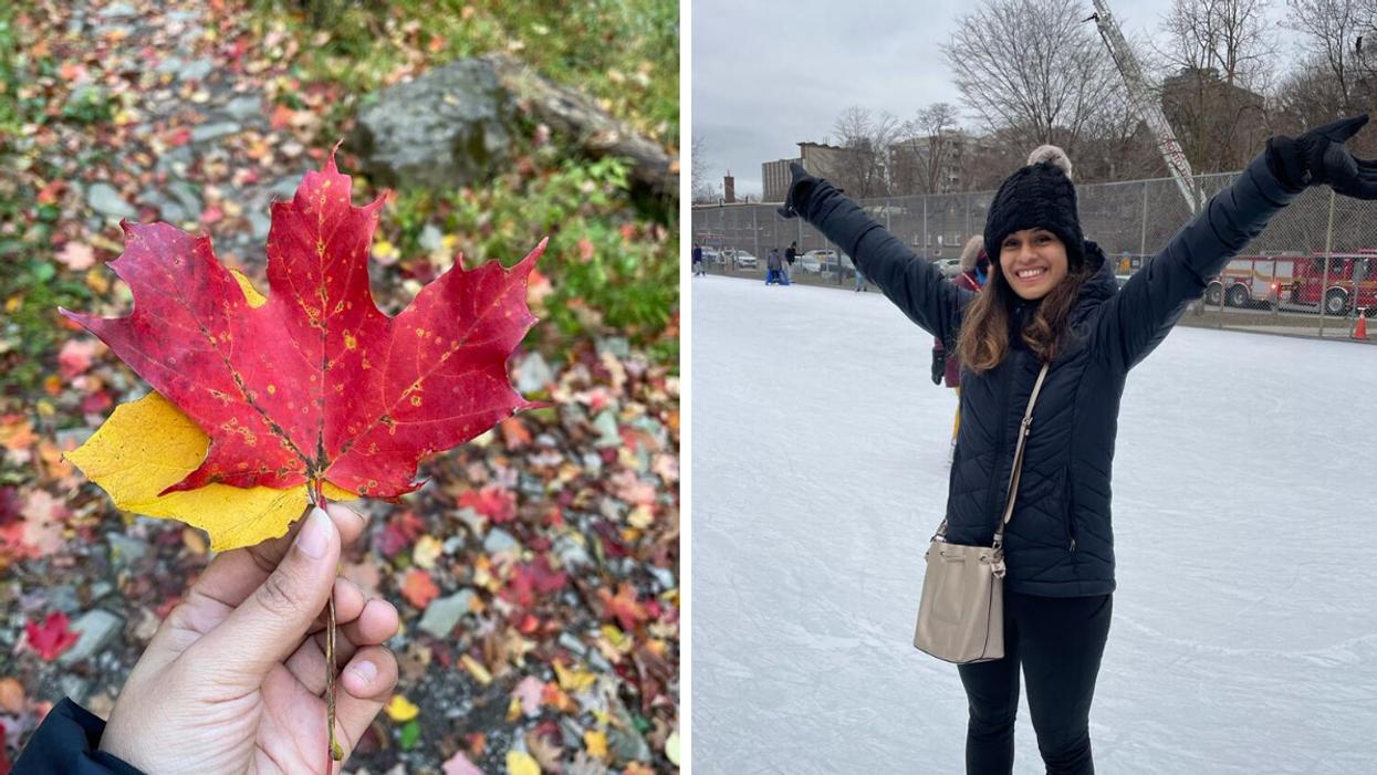 A maple leaf. Right: Janice Rodrigues on a ski rink.