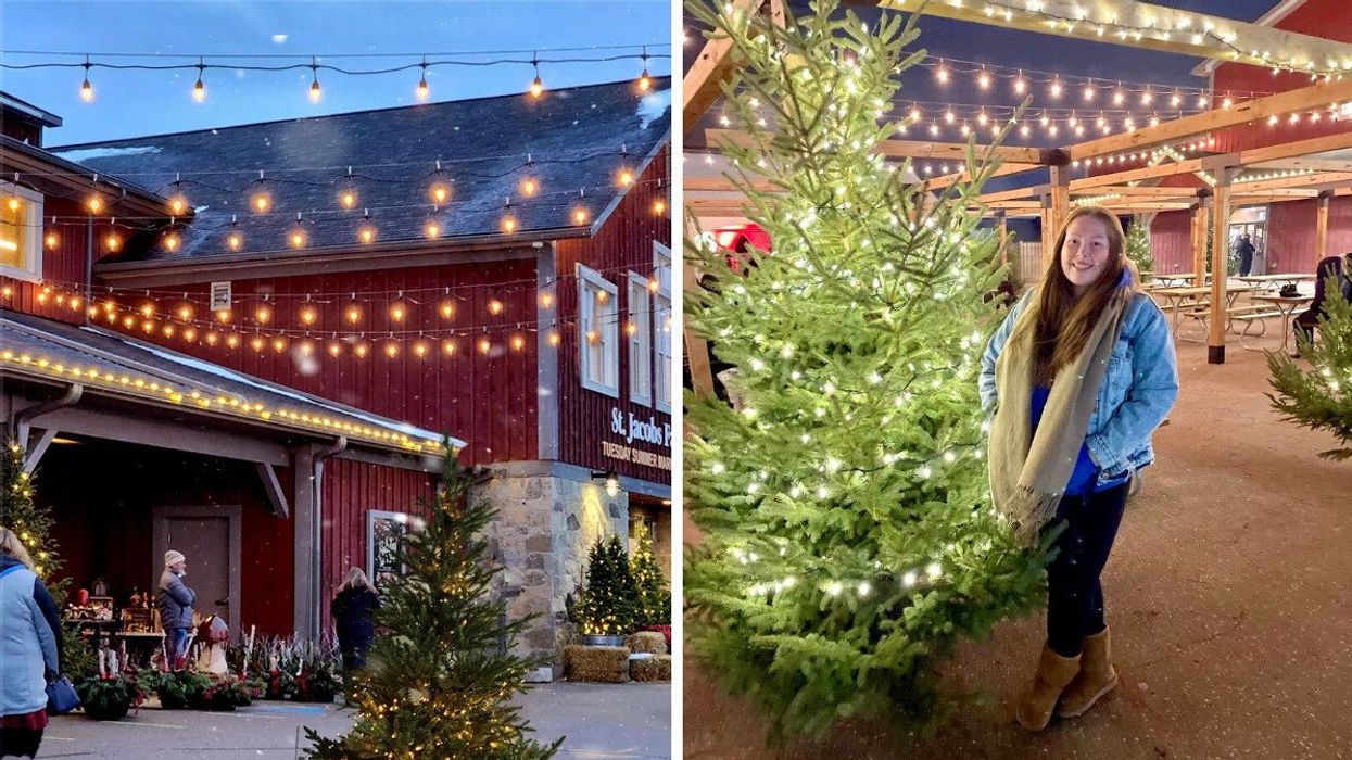 A market at Christmas. Right: A person standing by a Christmas tree.