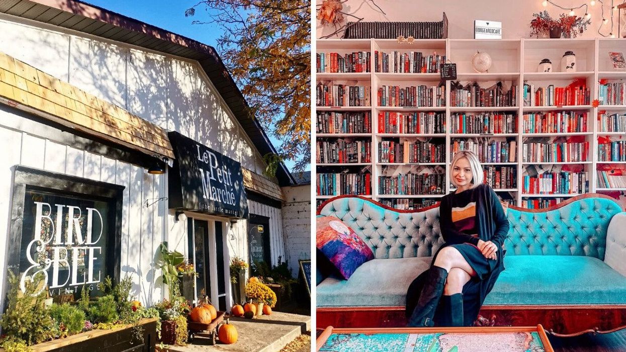 A market with pumpkins. Right: A person sitting in a bookstore.