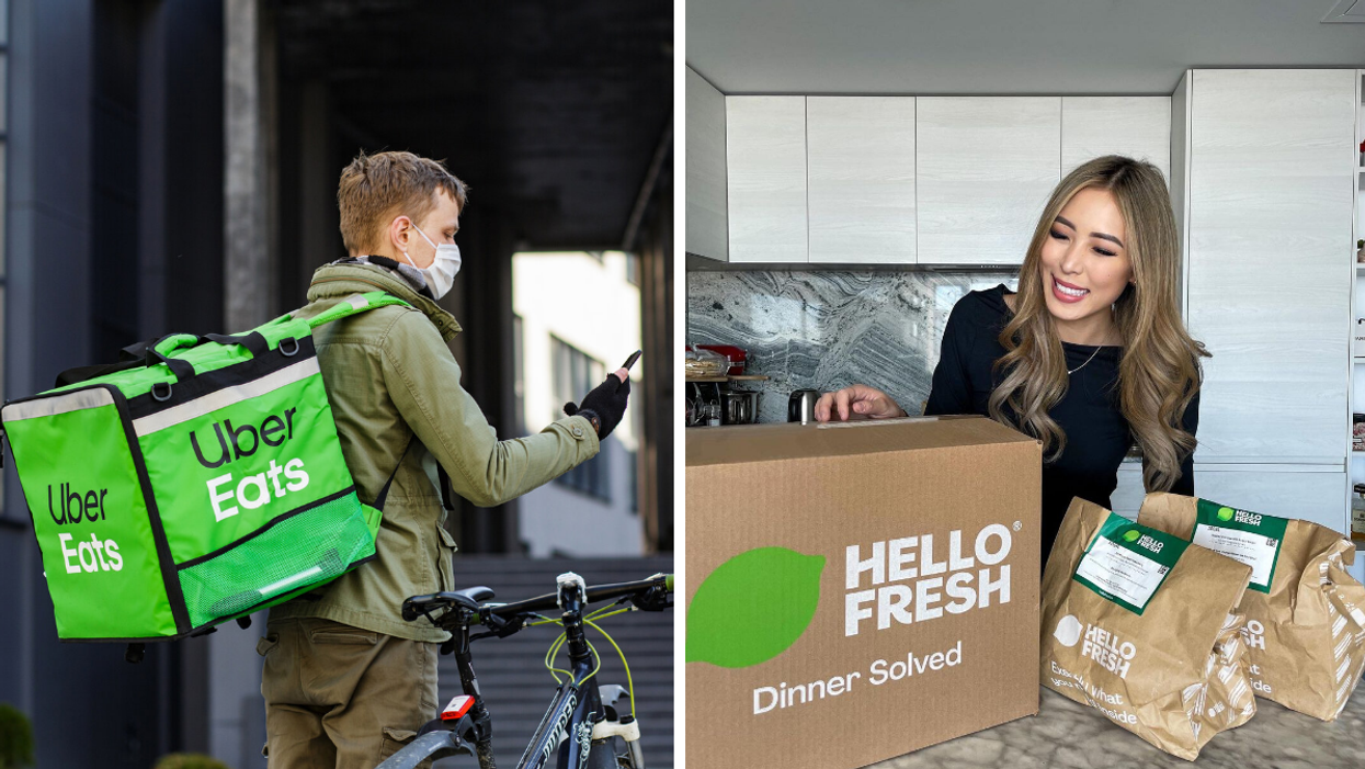A masked courier delivering food. Right: Someone who received boxes of HelloFresh.