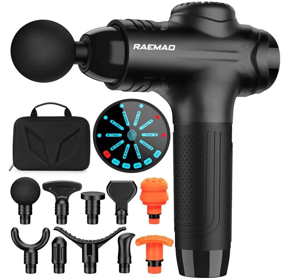 A massage gun kit with various replacement heads and a carry case.