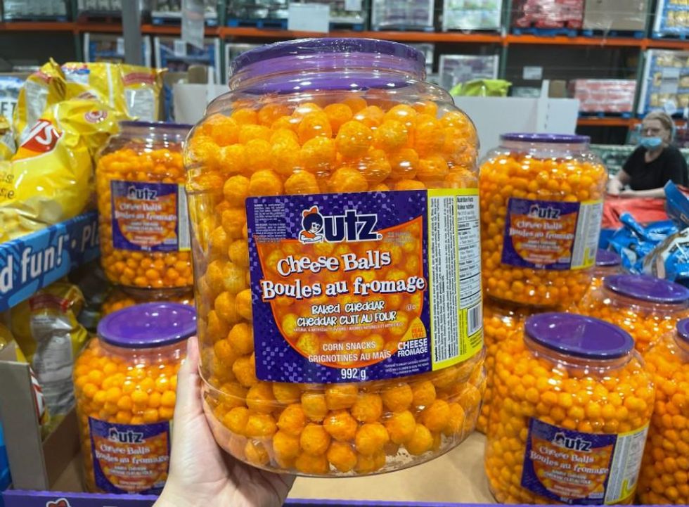 A massive container of cheese balls.