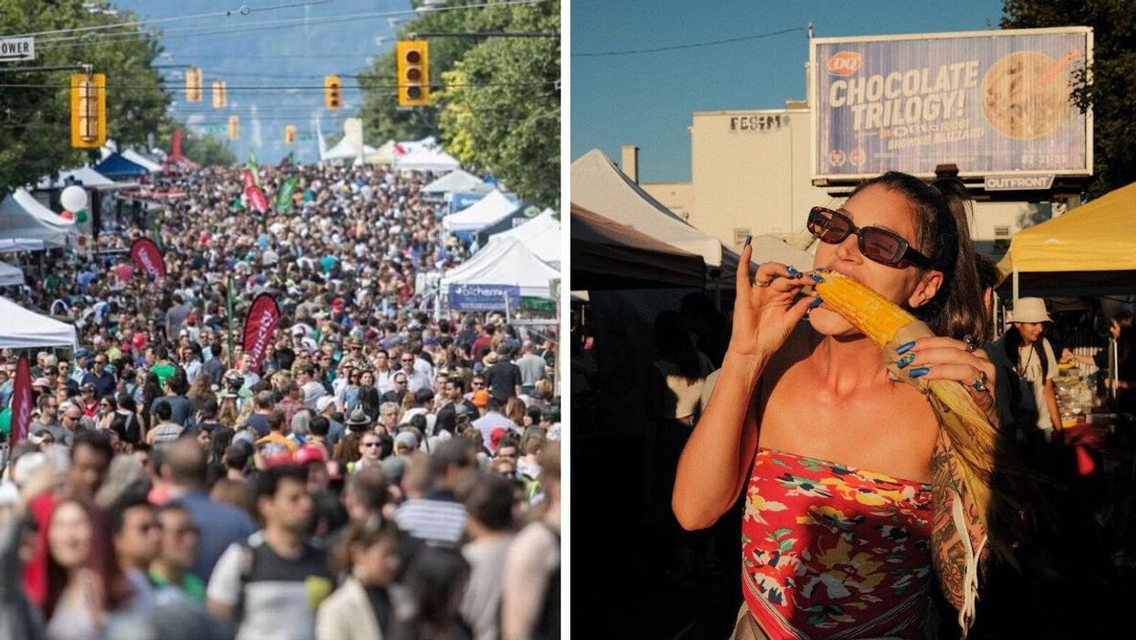A massive group of people on a street. Right: A woman biting into corn on the cob.