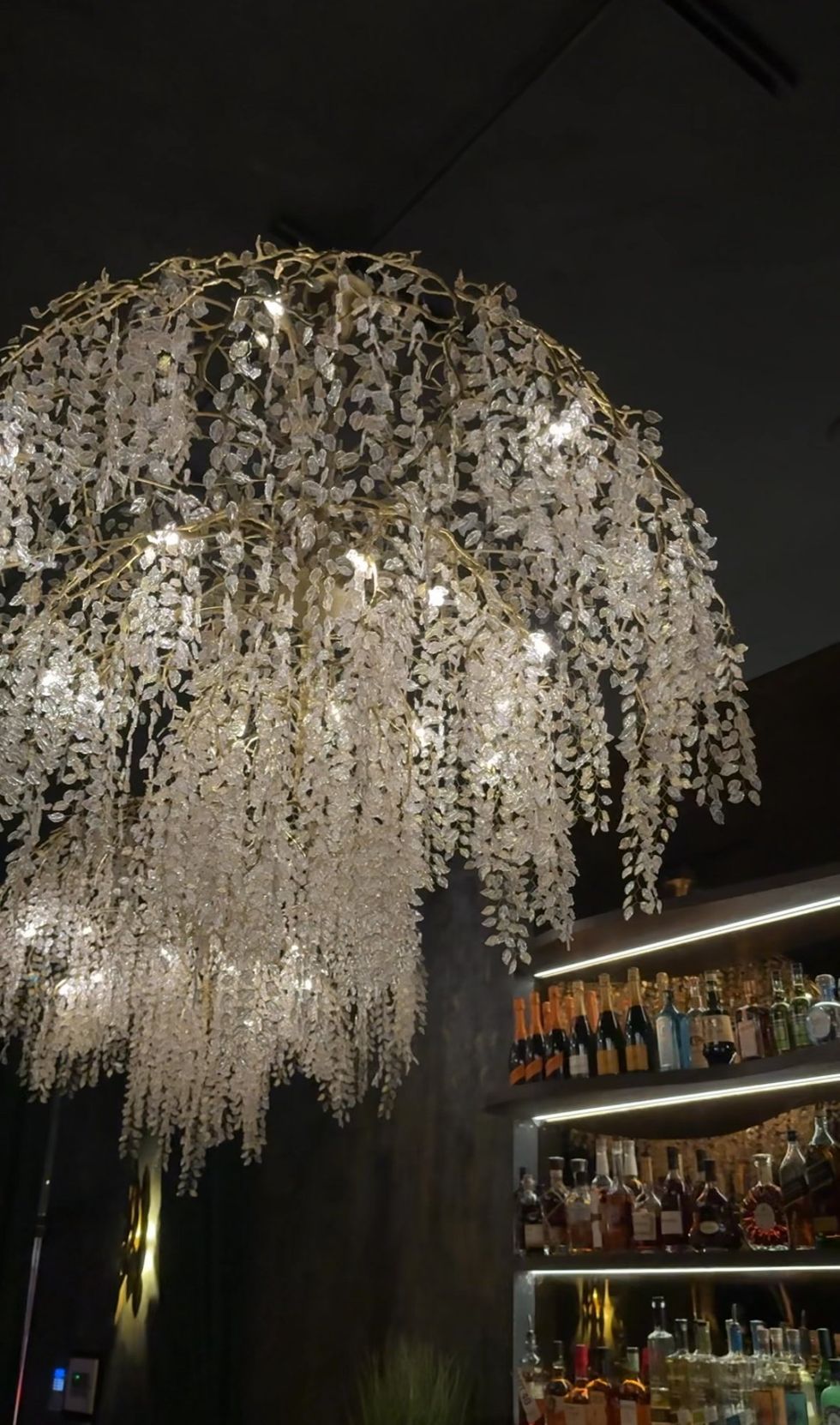 A massive white foliage-inspired chandelier in front of a well-stocked bar.