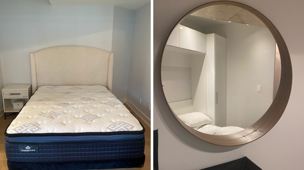 A mattress and headboard. Right: A mirror on the wall.