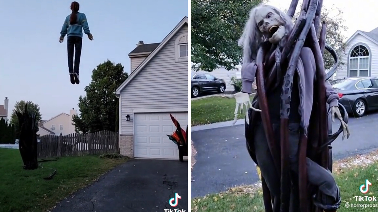 A Max Mayfield Halloween decoration suspended in the air. Right: A Halloween decoration.