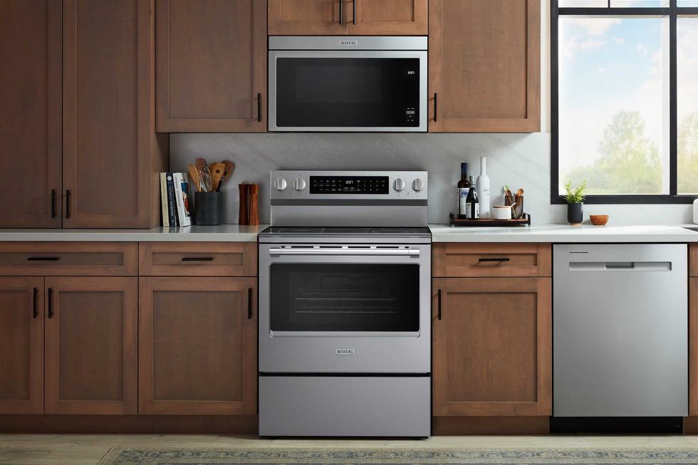 A Maytag oven range in a kitchen.