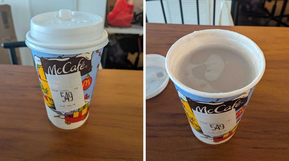 A McCaf\u00e9 hot chocolate cup. Right: A McCaf\u00e9 hot chocolate without the lid.