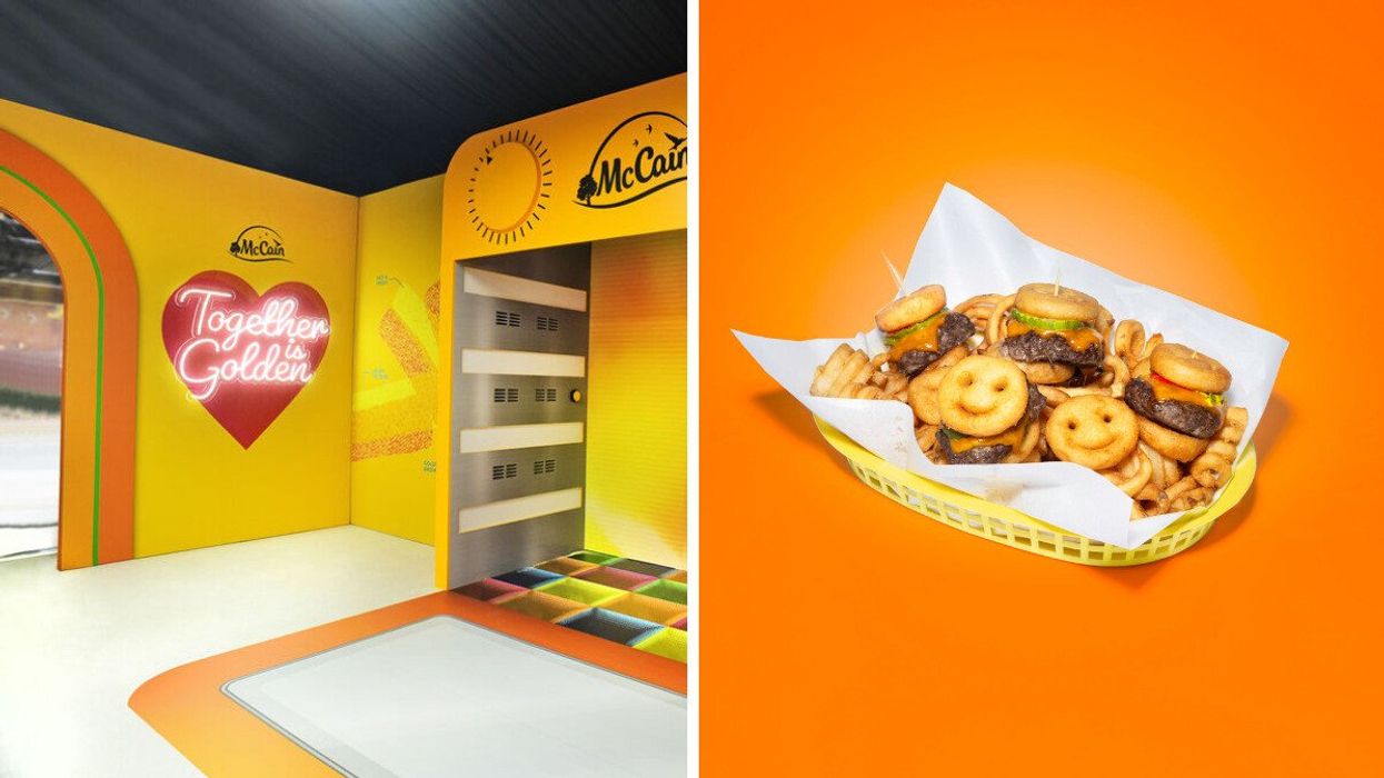 A McCain photo op area. Right: French fries with burgers.