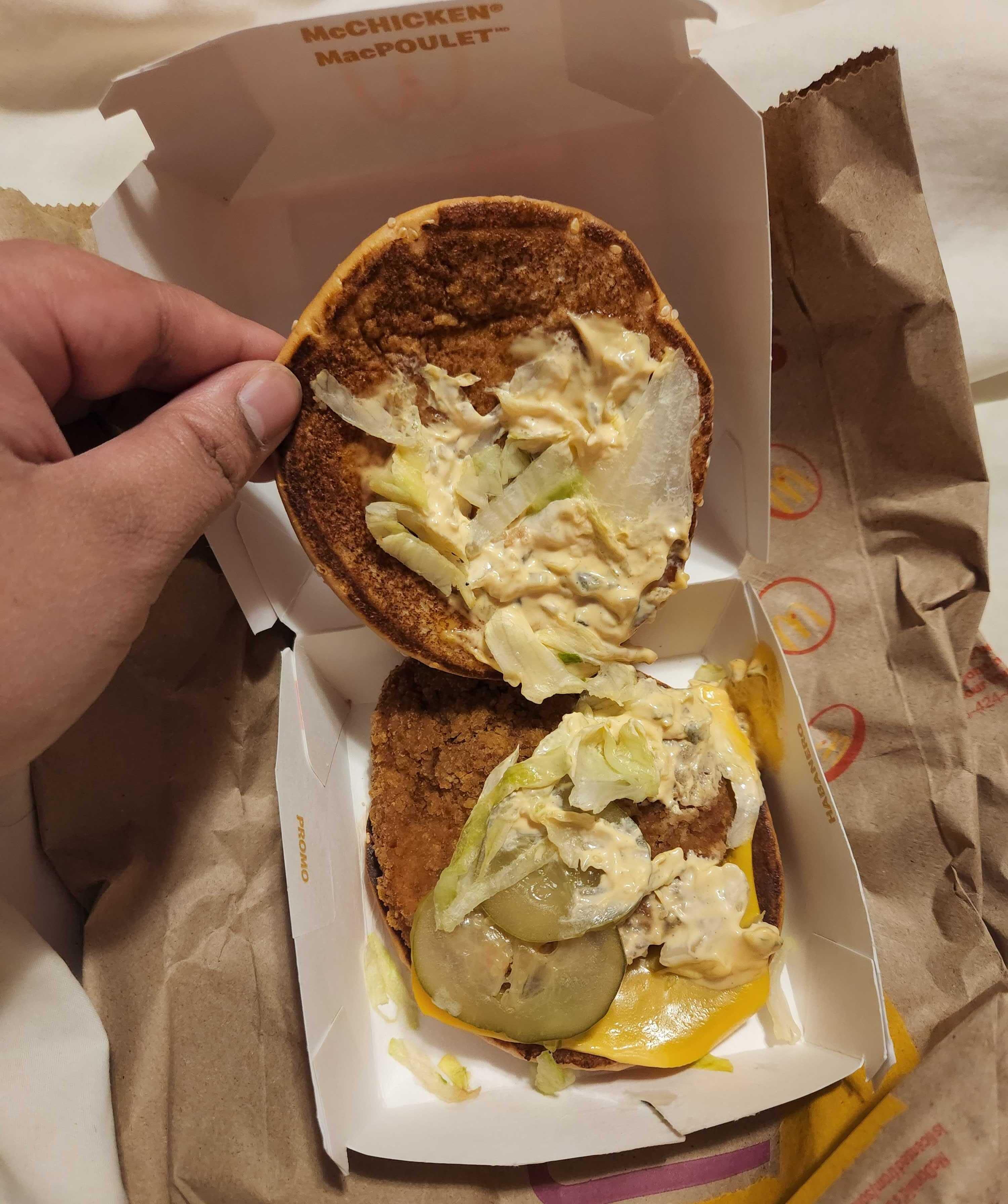 A McChicken dressed like a Mac with cheese.