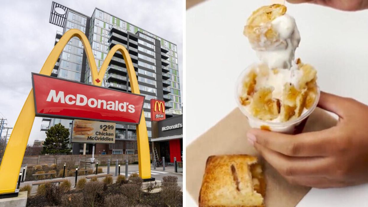 A McDonald's arch in Richmond, BC. Right: An apple pie + hot caramel sundae.