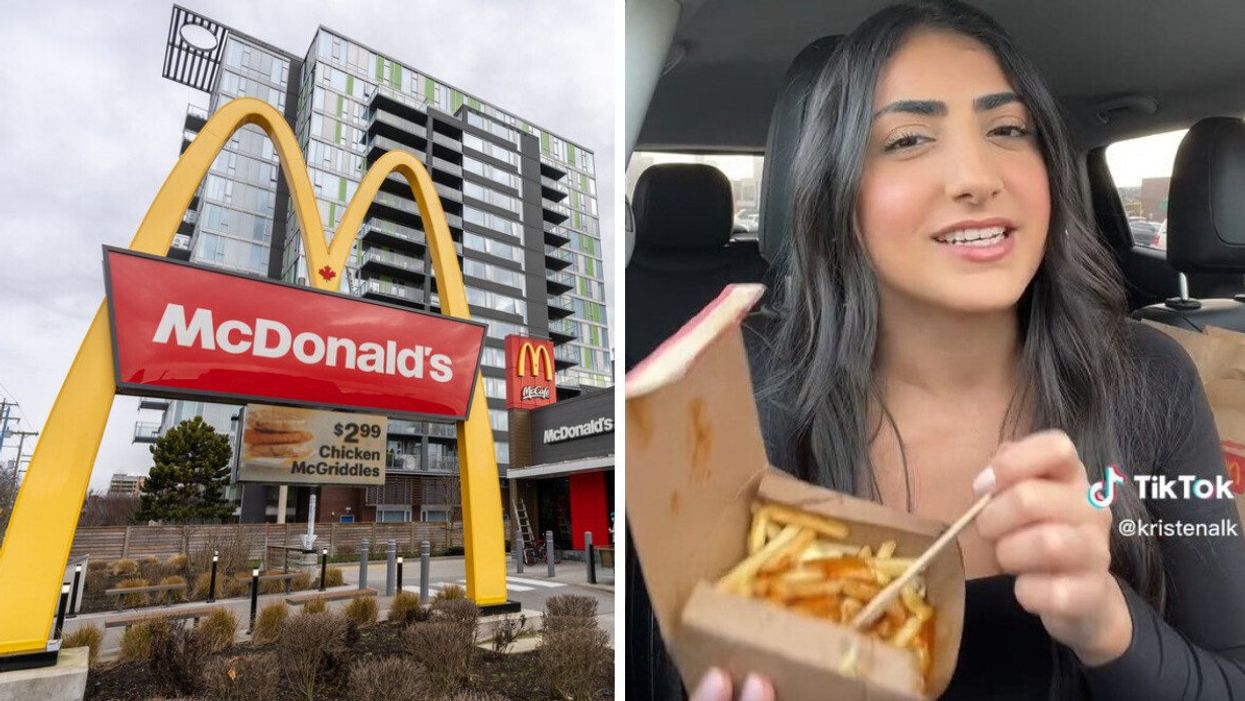 A McDonald's Canada location. Right: The TikToker trying the Poutine.