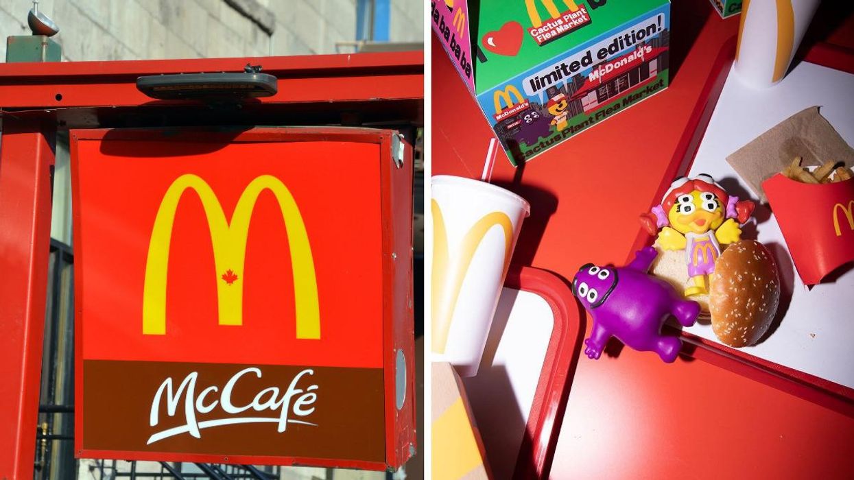 A McDonald's Canada sign. Right: Figurines from the Adult Happy Meal.