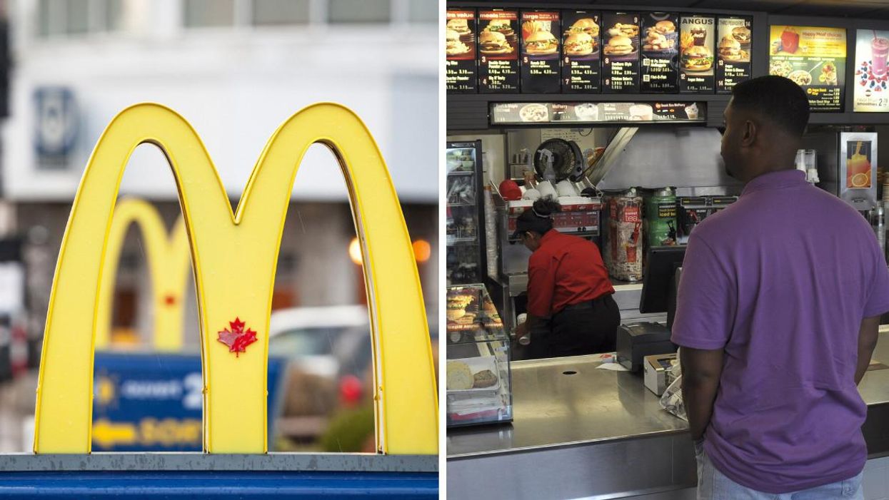 A McDonald's Canada sign. Right: Someone ordering food at a McDonald's counter.