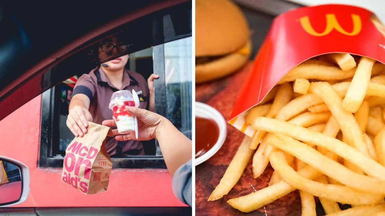 A McDonald's drive through. Right: Mcdonald's fries.