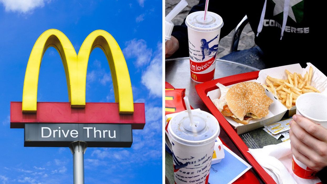 A McDonald's Drive Thru sign. Right: McDonald's food.