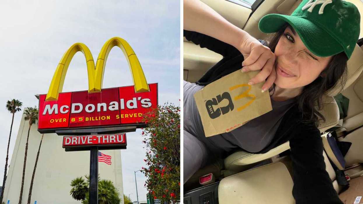 A McDonald's Golden Arches sign with palm streets in back. Right: A girl holds a McDonald's takeout bag in her car.