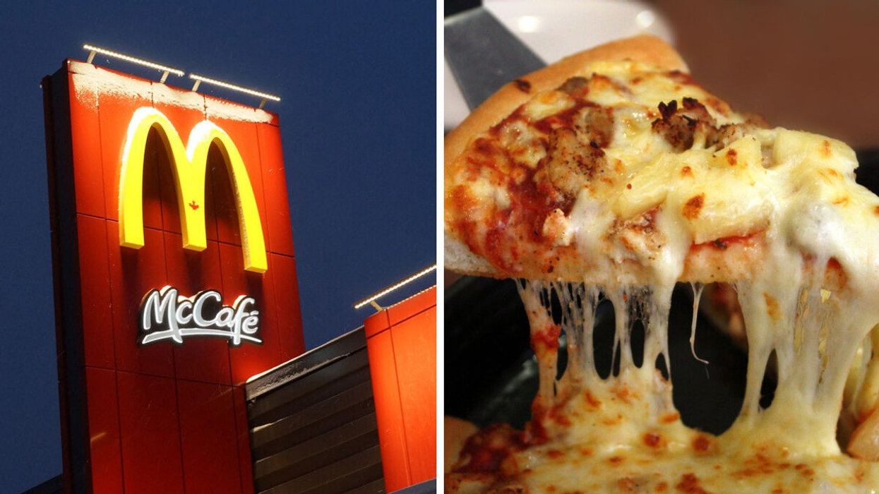 A McDonald's location. Right: A slice of pizza.
