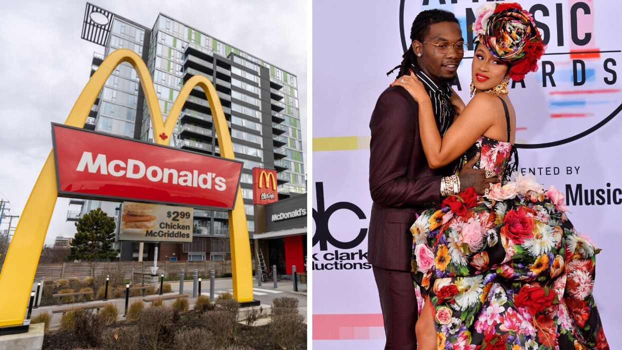 A McDonald's sign in Canada. Right: Offset and Cardi B.