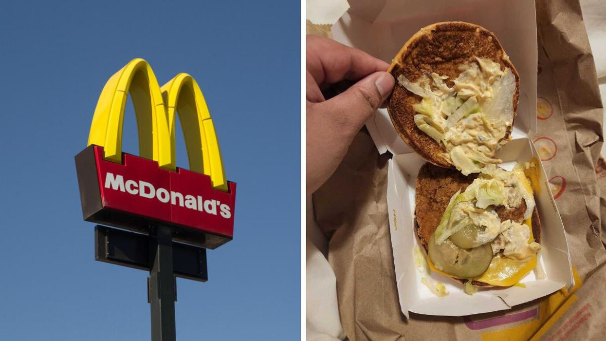 A McDonald's sign. Right: A McChicken dressed like a Big Mac.
