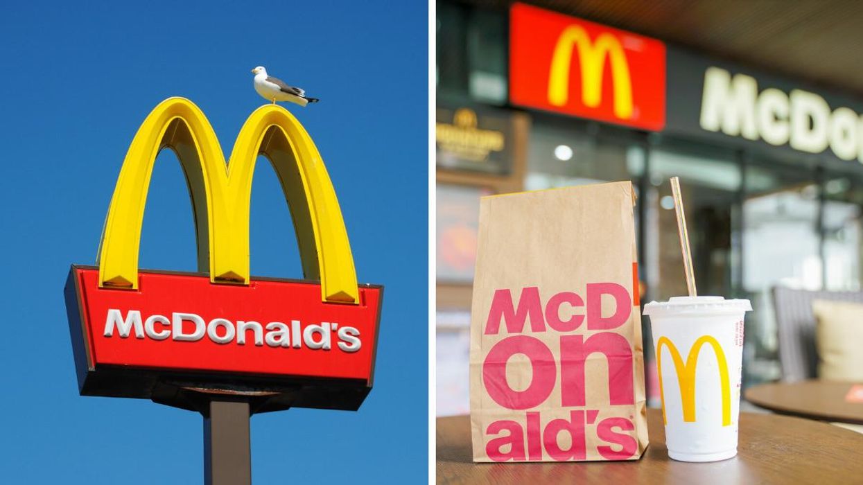 A McDonald's sign. Right: A McDonald's bag and drink in front of a location.