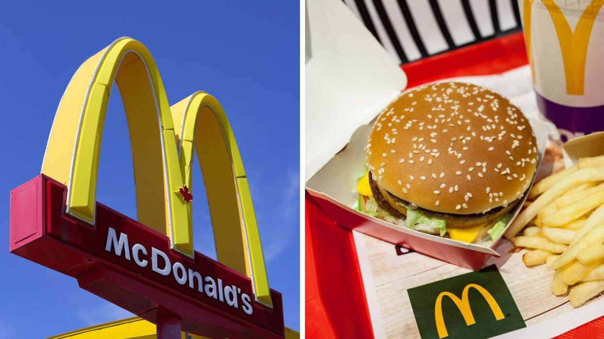 A McDonald's sign. Right: A McDonald's Big Mac.