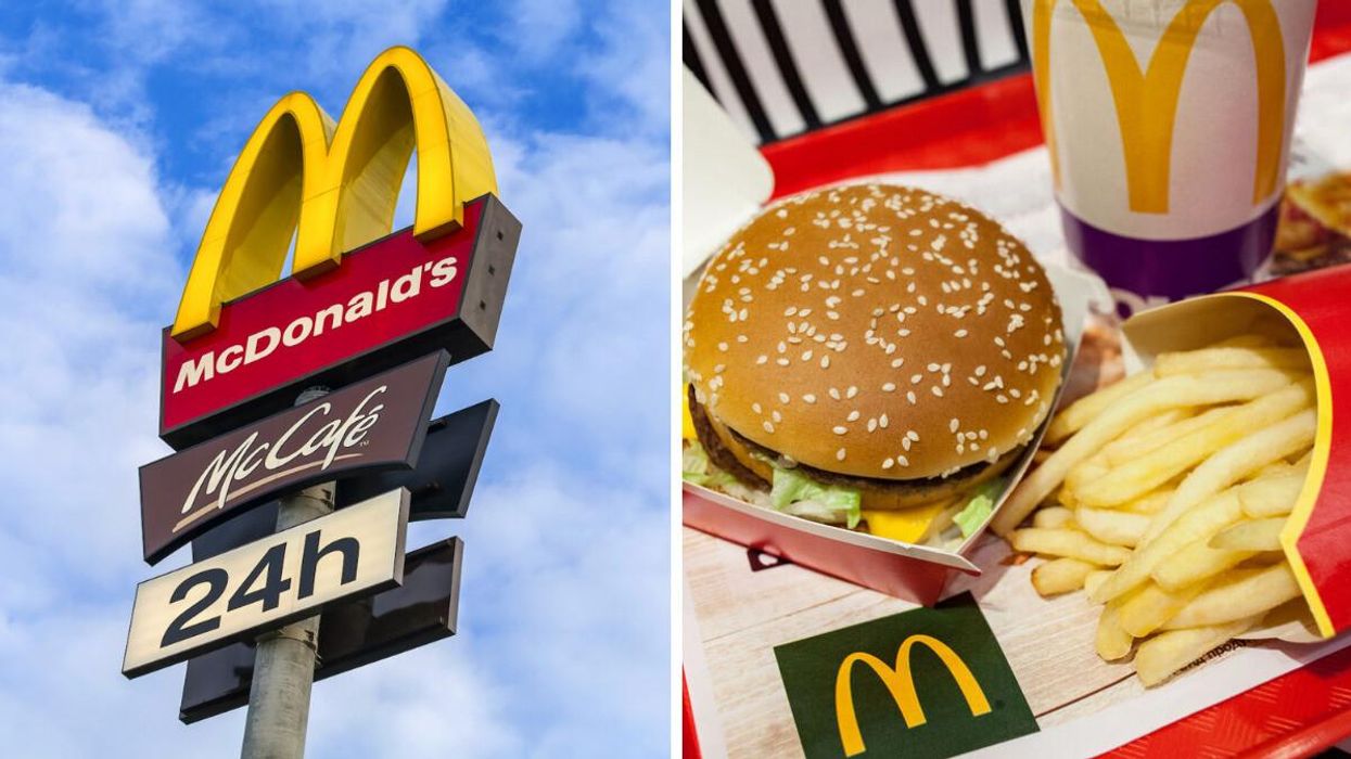 A McDonald's sign. Right: A McDonald's burger meal.