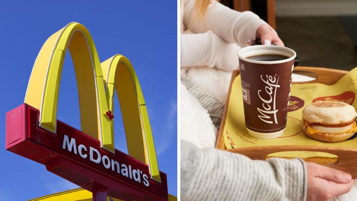 A McDonald's sign. Right: A McDonald's coffee.