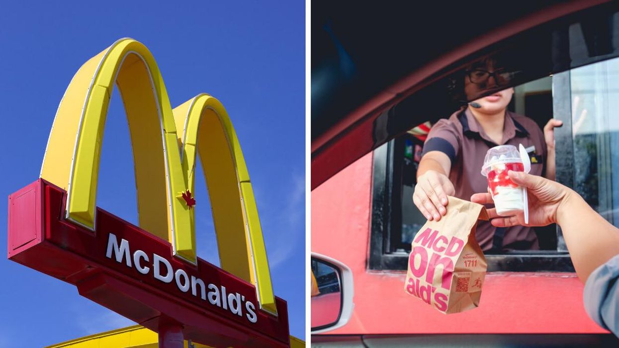 A McDonald's sign. Right: A McDonald's employee working at a drive-through.