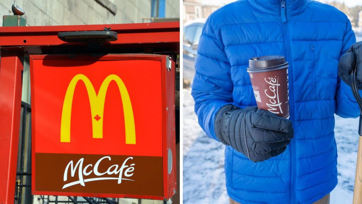 A McDonald's sign. Right: A McDonald's hot drink.