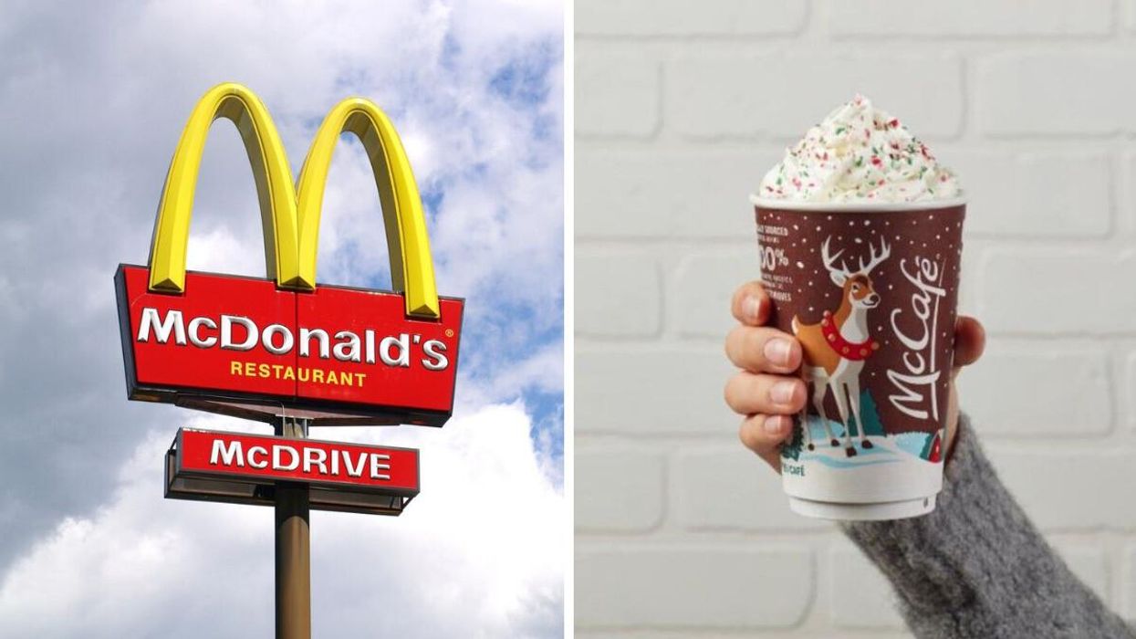 A McDonald's Sign. Right: A McDonald's Peppermint Mocha.