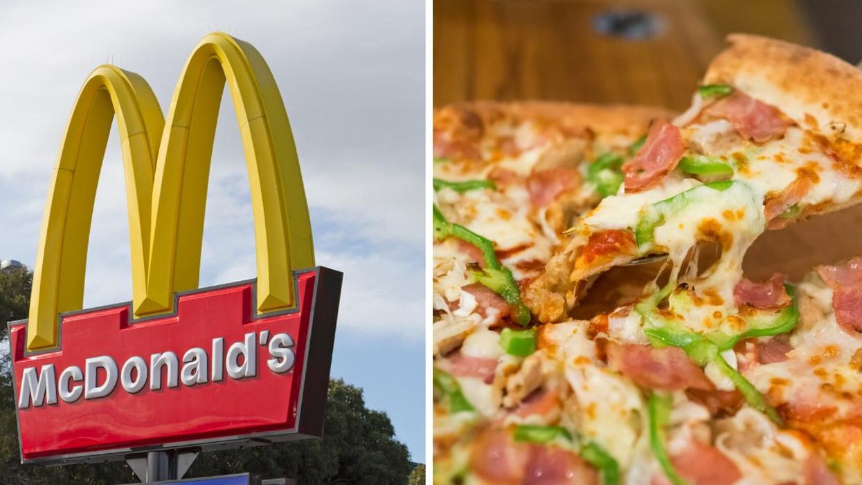 A McDonald's sign. Right: A pizza with a slice being taken out of it.