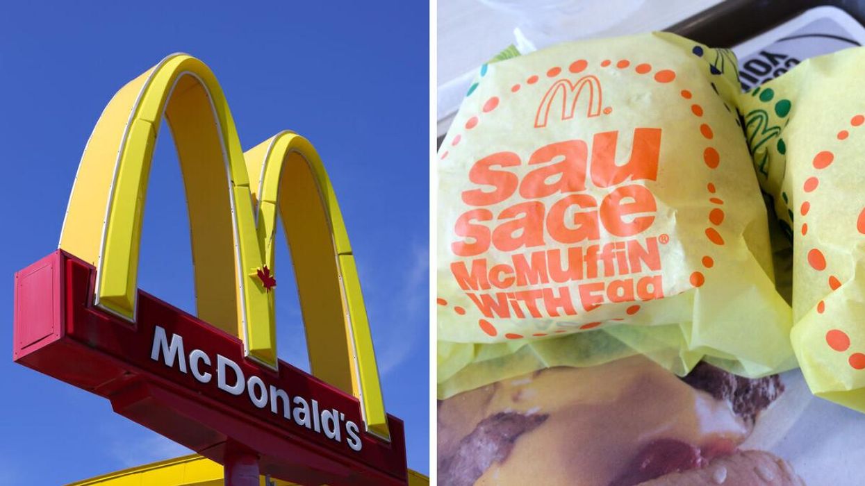 A McDonald's sign. Right: A Sausage & Egg McMuffin.