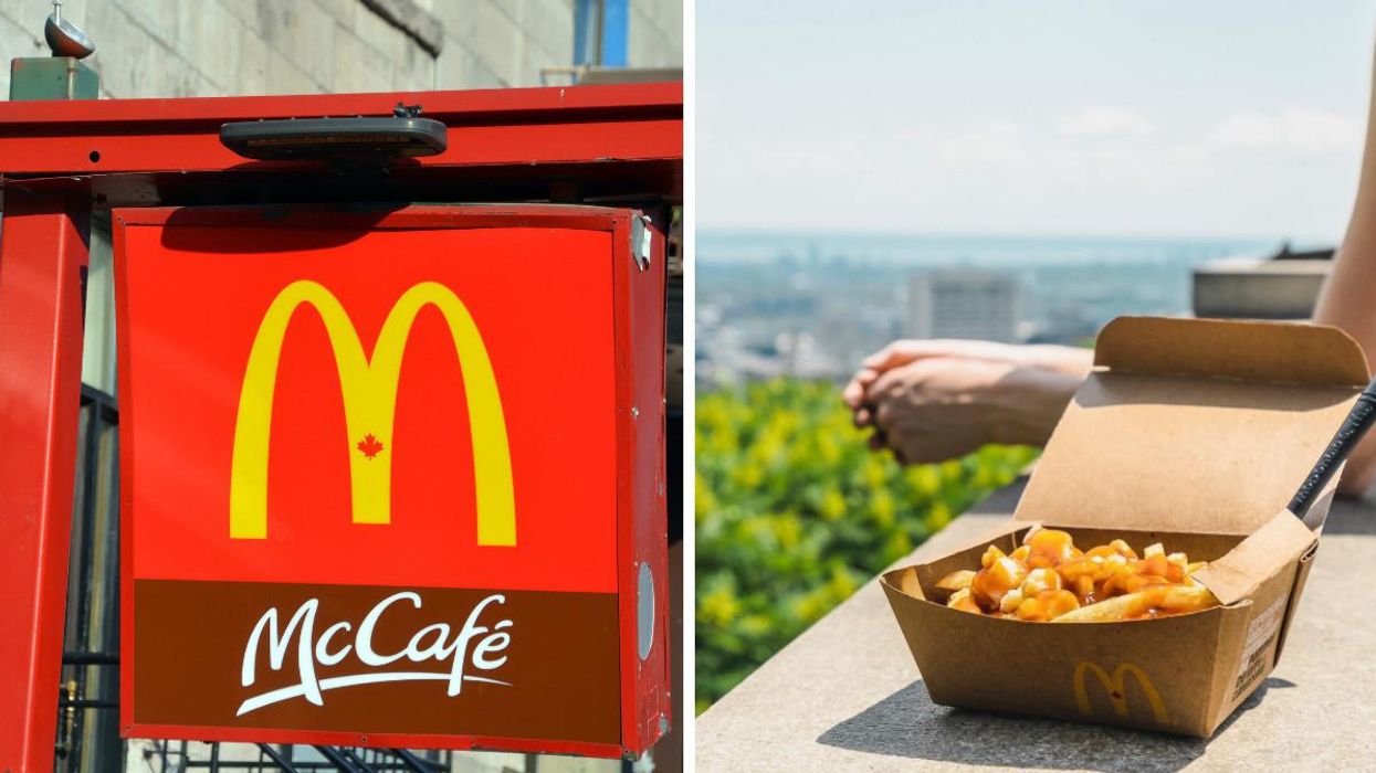 A McDonald's sign. Right: McDonald's Canada poutine.