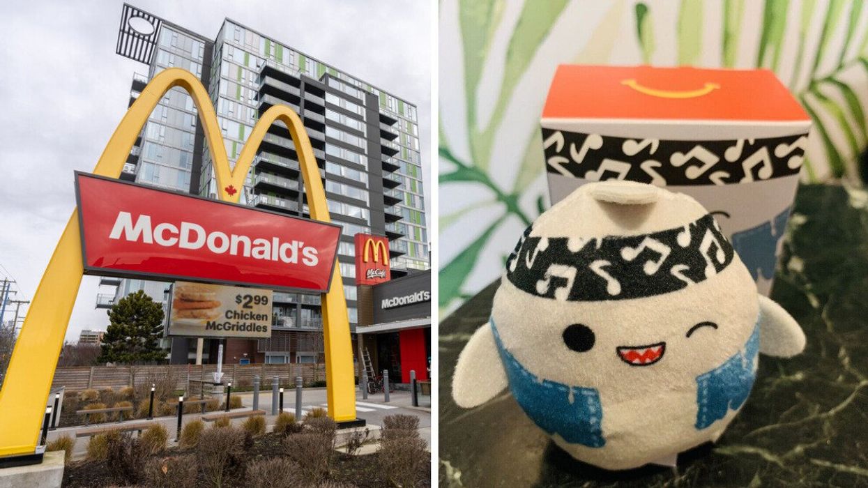 A McDonald's sign. Right: One of the Squishmallows being sold on eBay.