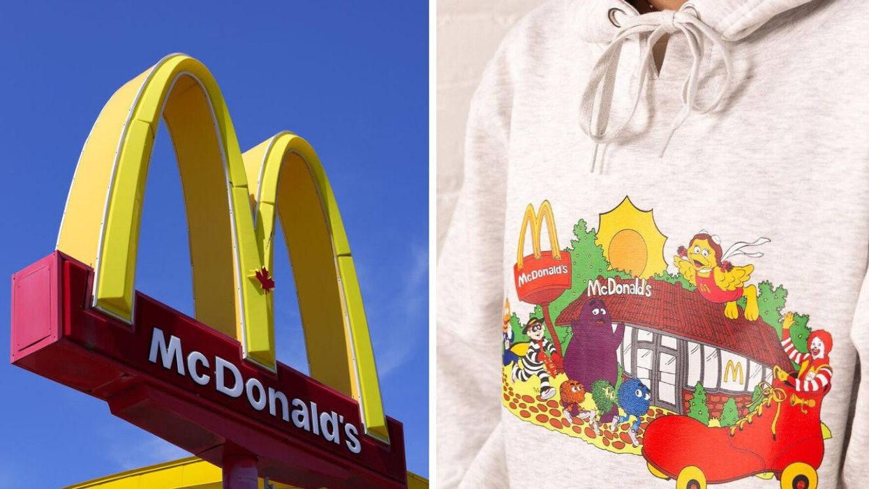 A McDonald's sign. Right: The new McDonald's hoodie.