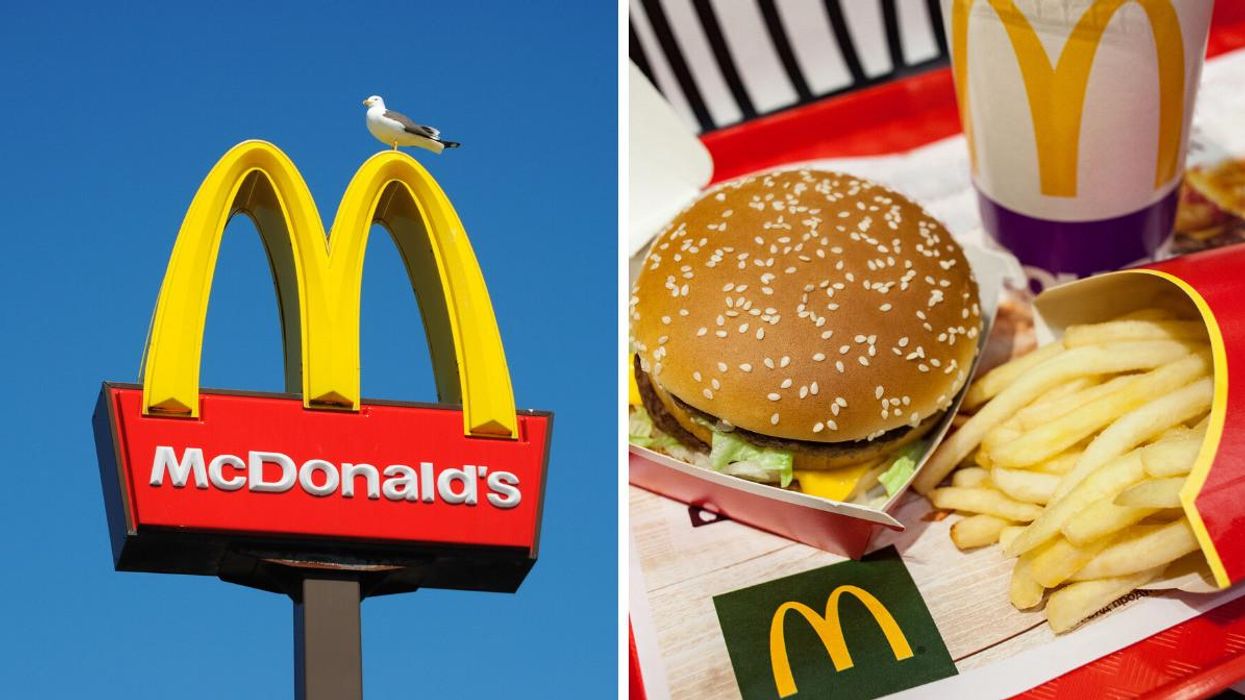 A McDonald's Sign with a seagull on it. Right: A Big Mac Meal from McDonald's.