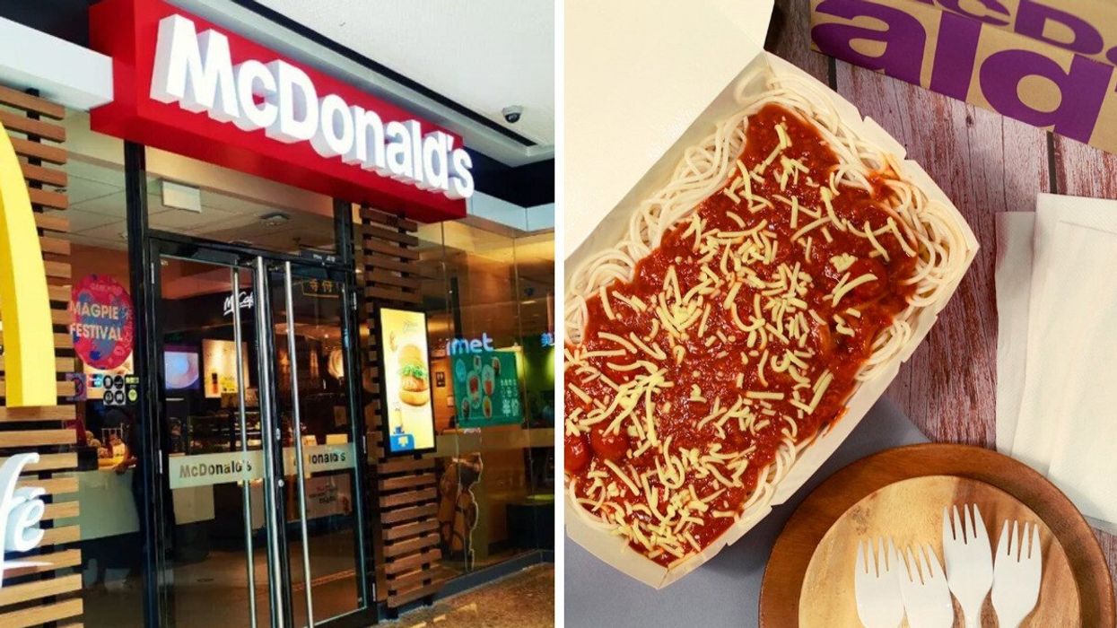 A McDonald's storefront. Right: McSpaghetti.