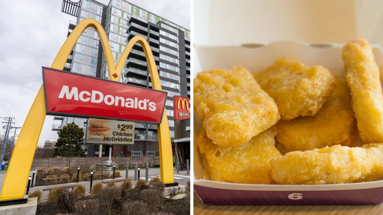 A McDonalds Canada sign. Right: Chicken McNuggets.