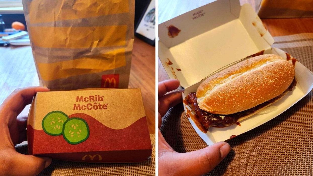 A McRib box. Right: A McRib sandwich.